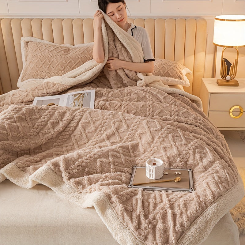 Jacquard Knit Polyester Bed Blanket with Geometric Pattern Thick Fleece Throw for All-Season Sofa Bed Cover