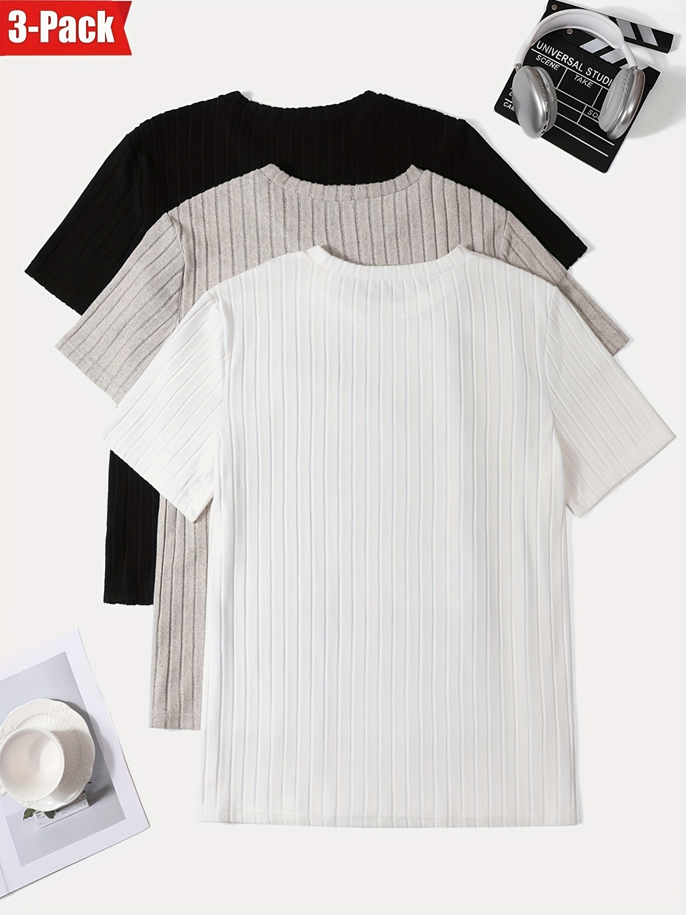 Men's 3-Pack Solid Color Crew Neck T-Shirts Polyester Elastane Medium Stretch Casual