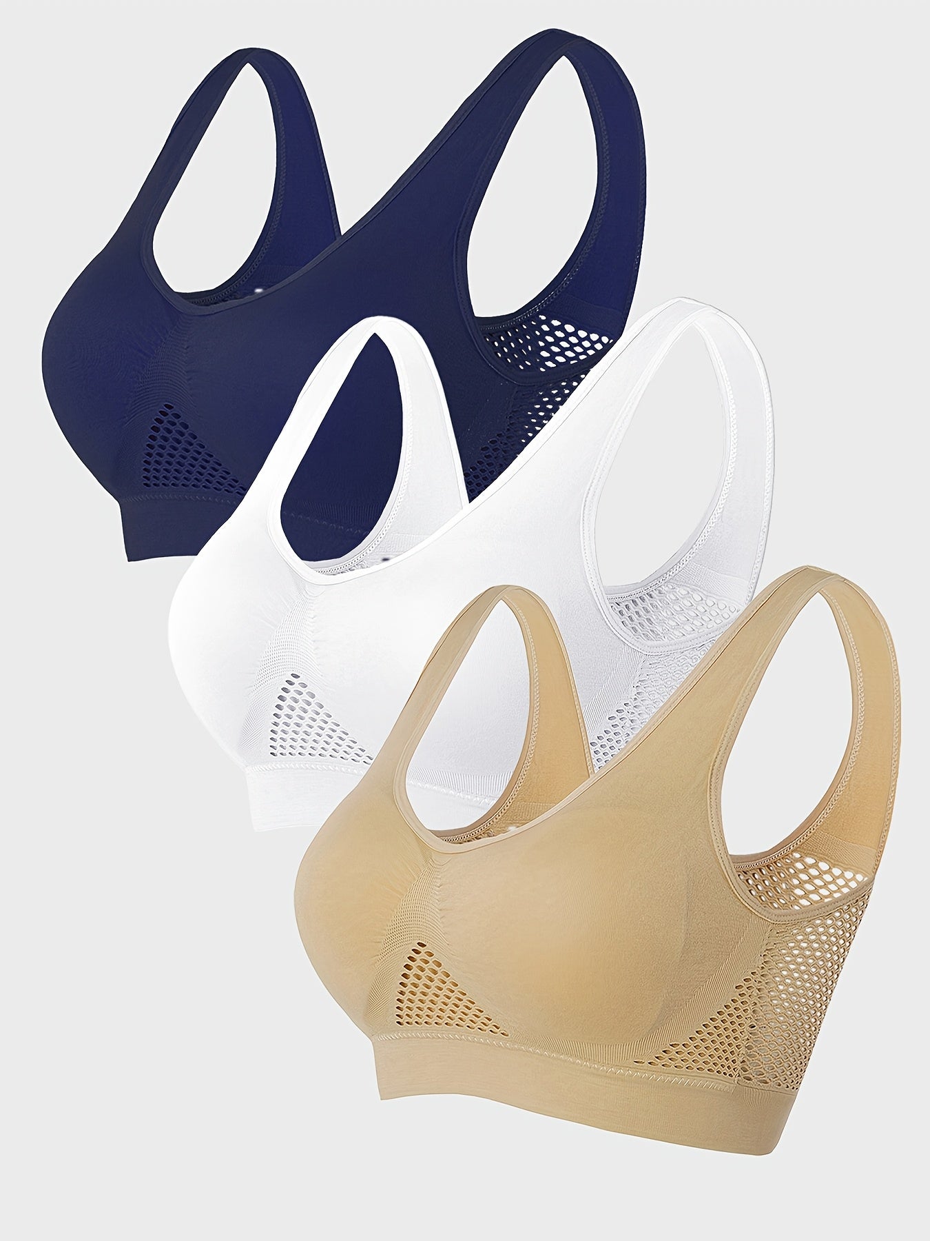 Women's Sports Bra Set 3 Pack No-Seam Breathable Mesh Light Support Pink Black Purple