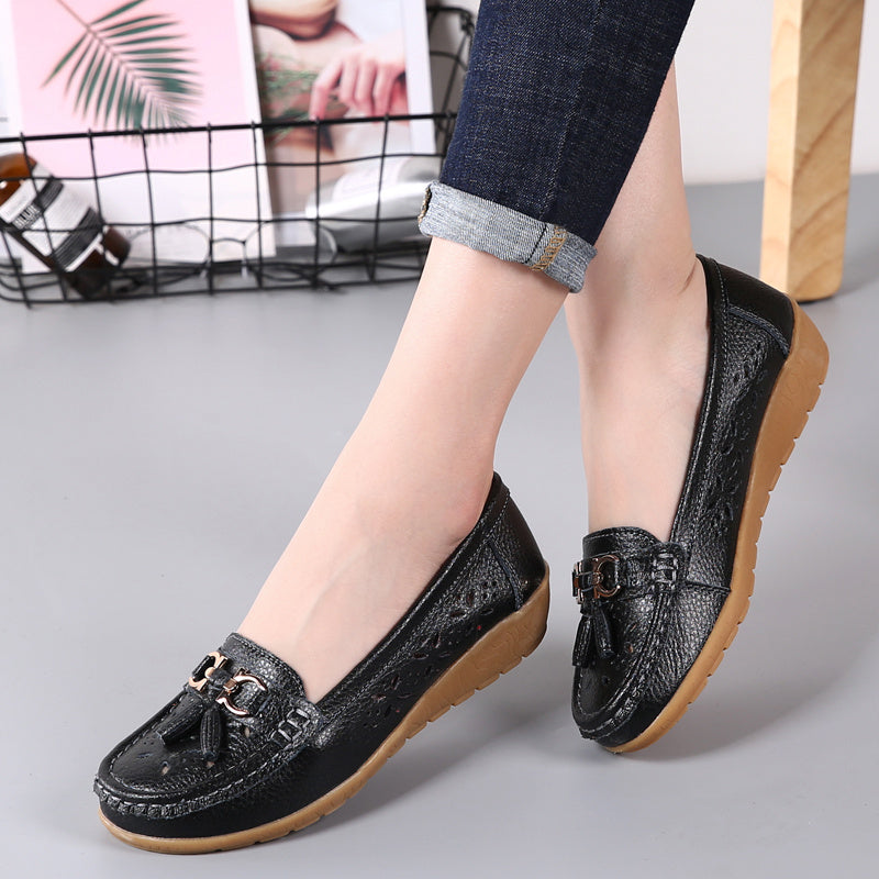 Women's Embroidery Loafers with Metal Tassel Hollow Out Soft Platform Shoes