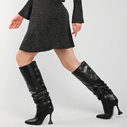 Women's Faux Leather Knee-High Boots with Pointed Toe and Zipper