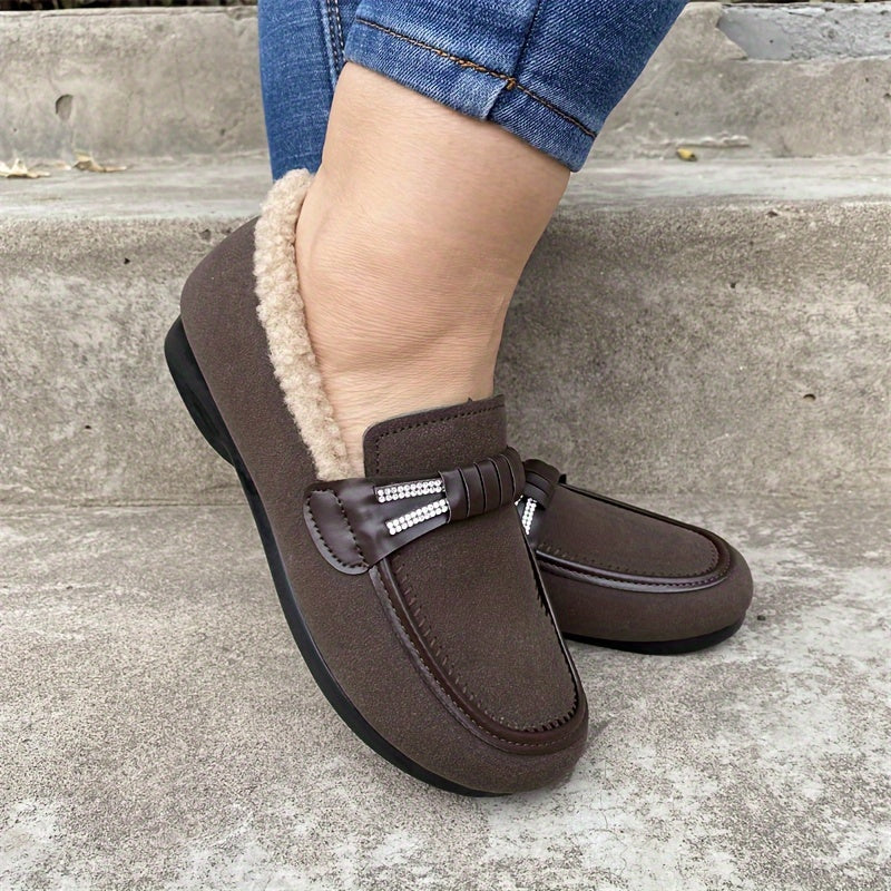 Women's Plush-Lined Loafers Cozy Slip-On Flats Dark Brown