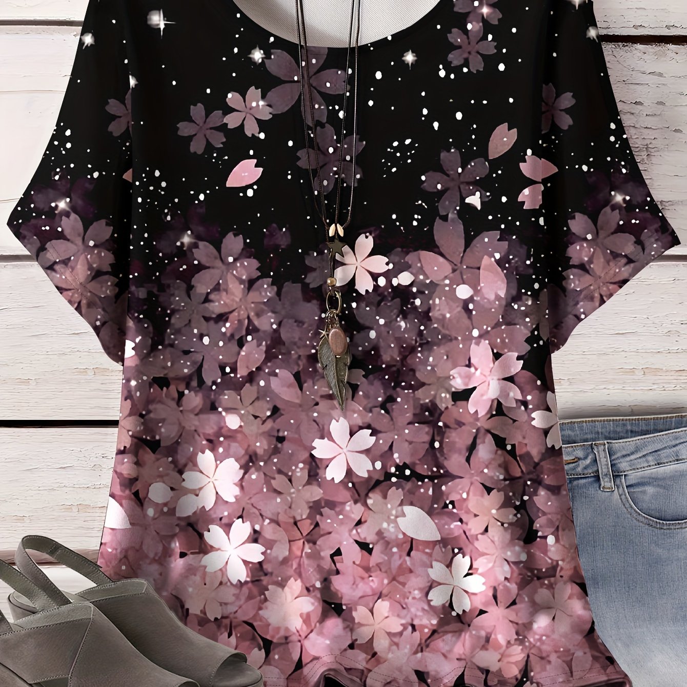 Plus Size Floral Print T-Shirt for Women Casual Spring Summer Polyester Knit Top