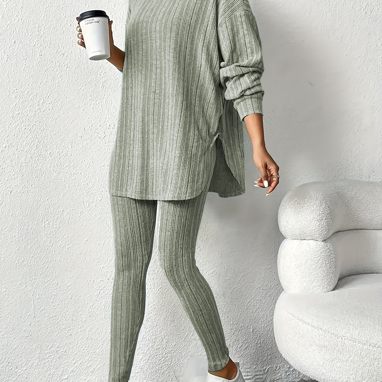 Women's Cozy Ribbed Fleece Lounge Set Hoodie and Leggings Fall Winter Polyester Blend