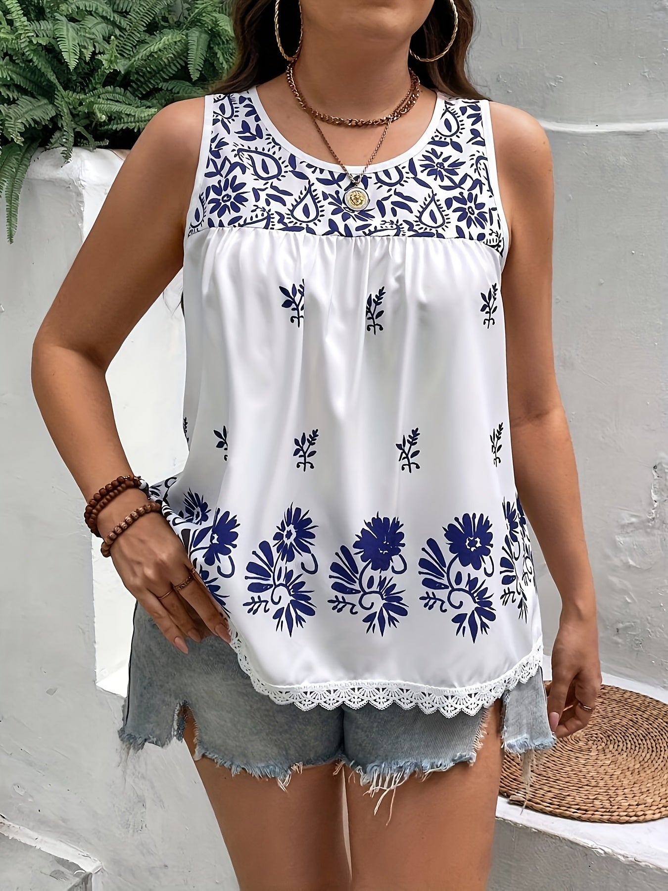 Blusa sin mangas de talla grande para mujer con encaje, estampado floral, primavera y verano, casual