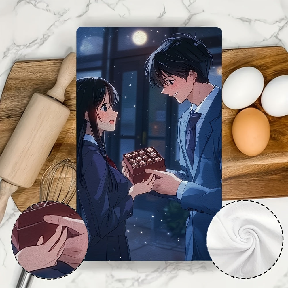 Set of 2 Ultra-Soft Kitchen Towels Anime Boy Black Hair Blue Suit Gift Chocolate Absorbent Dish Towels