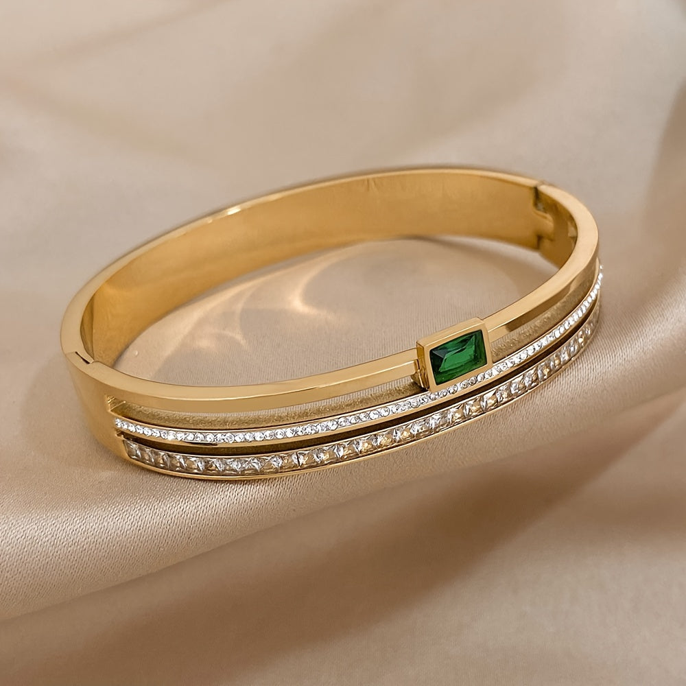 Stainless Steel Cuff Bracelet Green White Rhinestones Water-Resistant Unisex Gold Jewelry