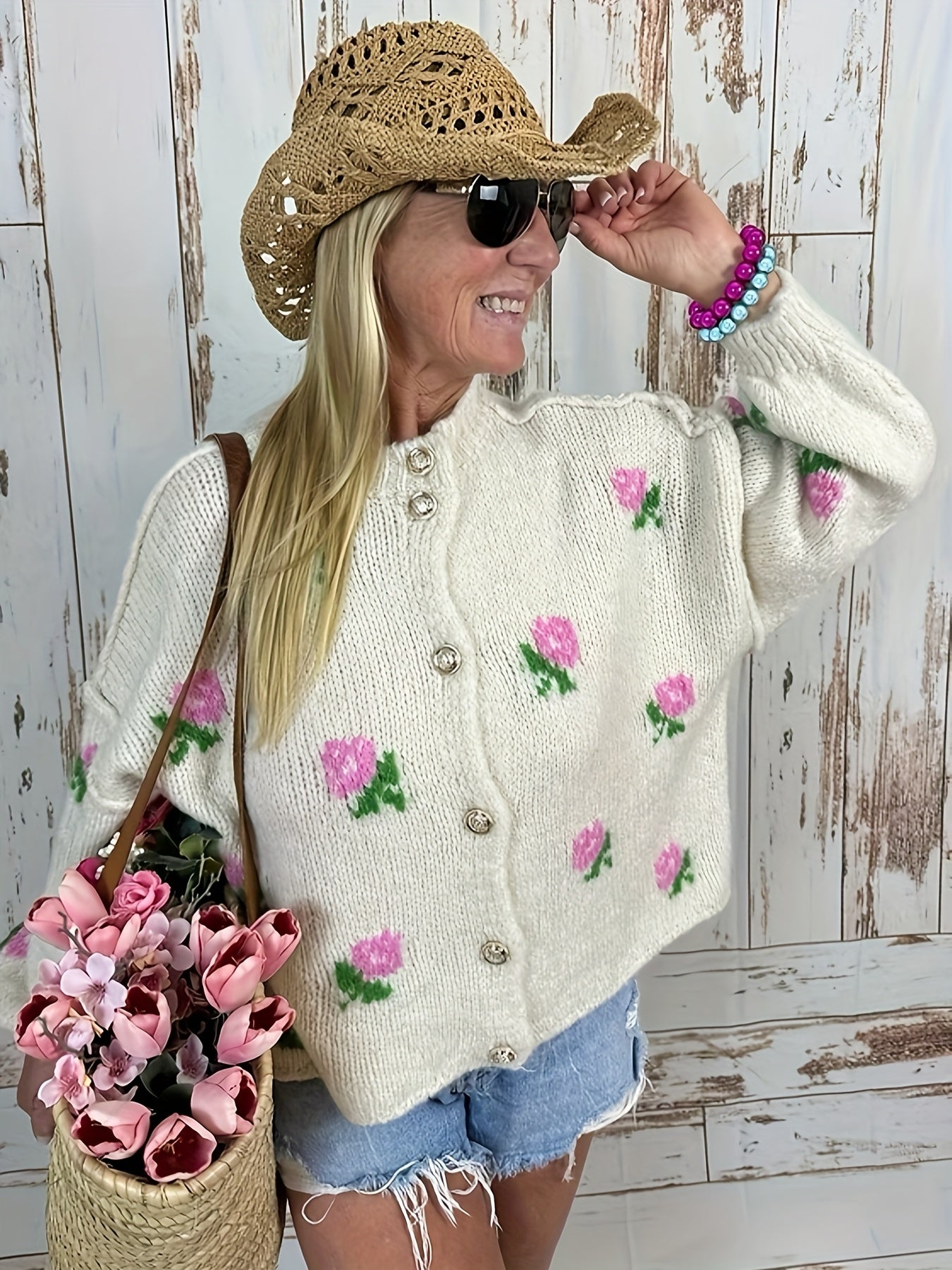 Women's Floral Print Cardigan Textured Knit Autumn Fall Long Sleeve