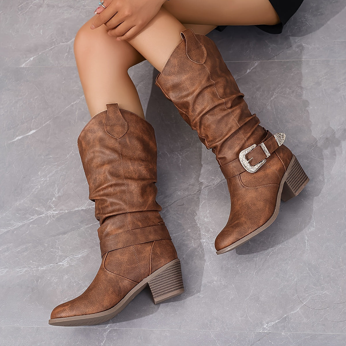 Women's Mid-Calf Faux Leather Slip-On Boots with Chunky Heel and Buckle