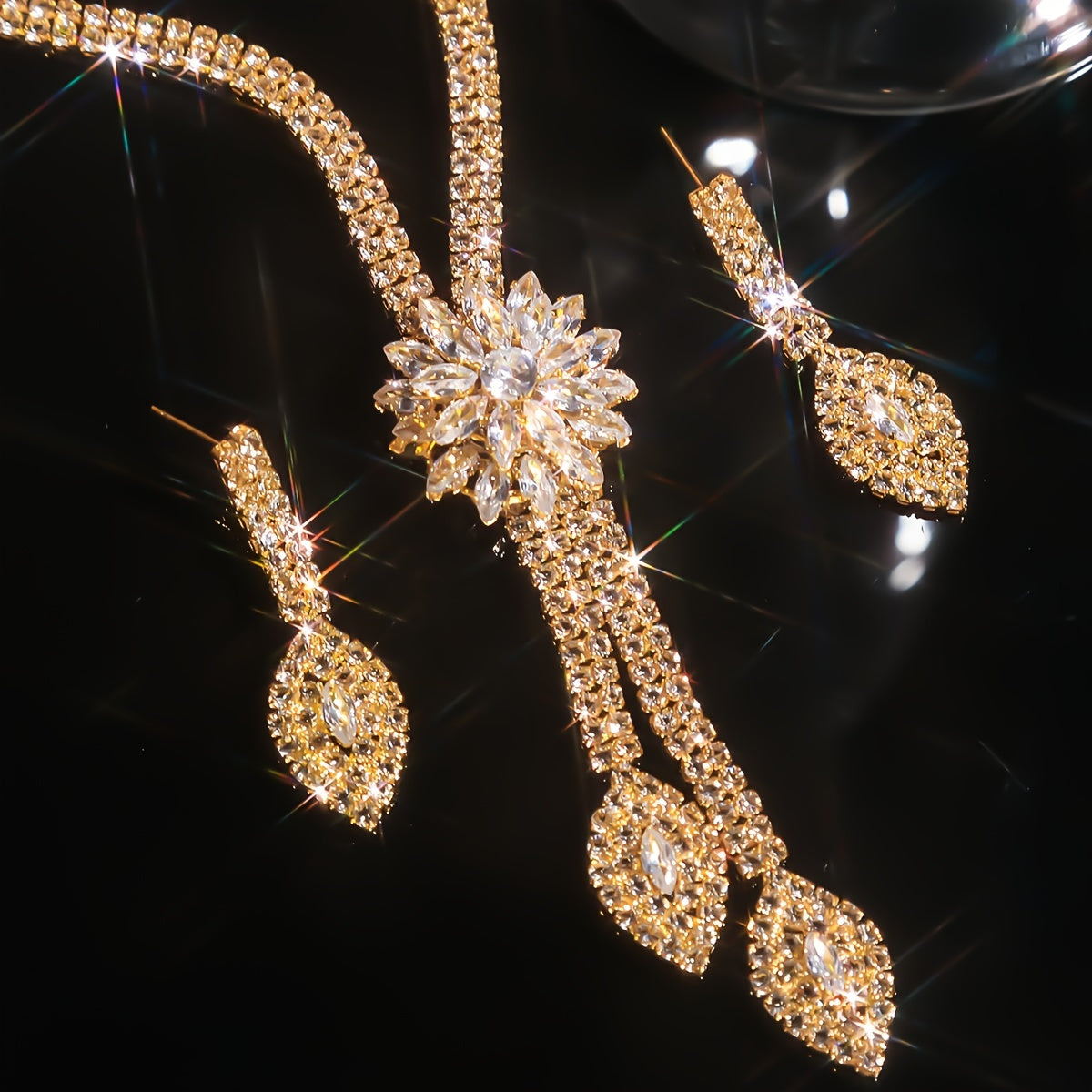 Imitation Zirconia Flower Jewelry Set Necklace Earrings Bracelet for Bridal or Special Occasion