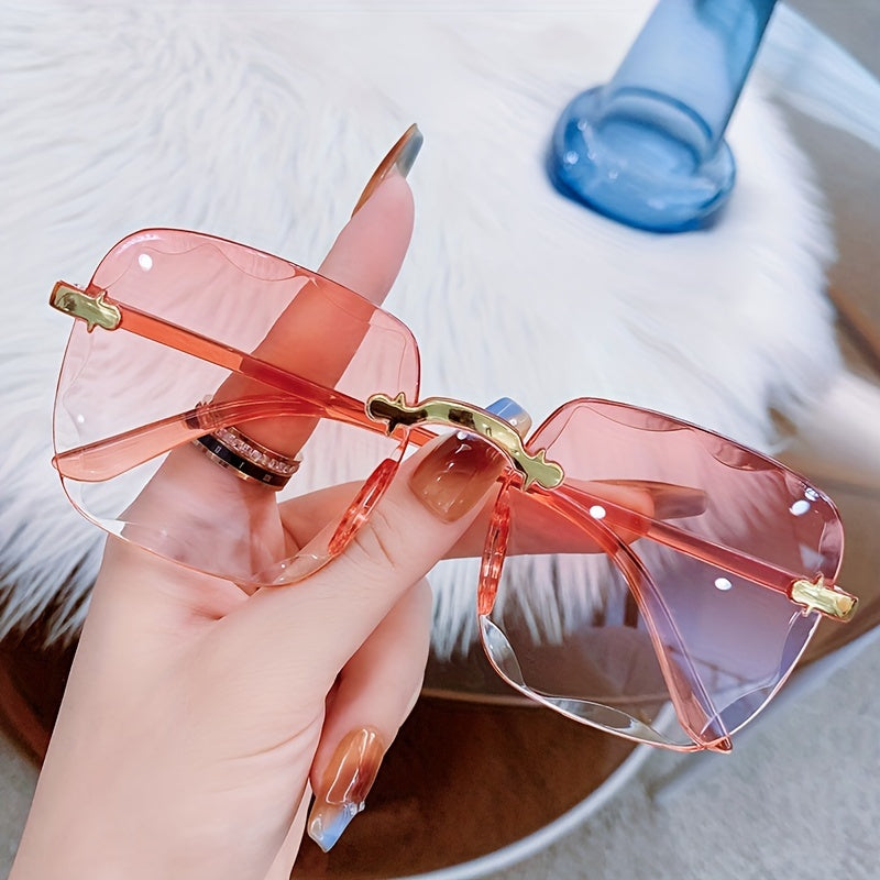 Women's Rimless Square Fashion Glasses Gradient Lens Golden Frame Lightweight Plastic Vintage Style for Beach Party Travel