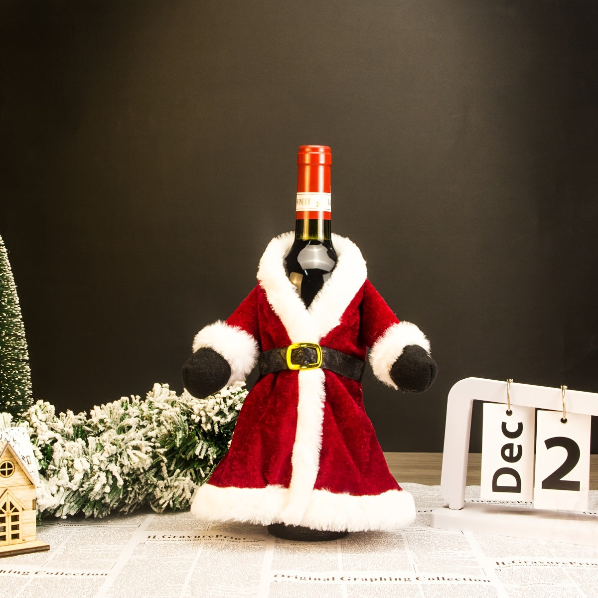 Christmas Holiday Decor Set with Gold Velvet Wine Bottle Cover and Plush Wine Bag