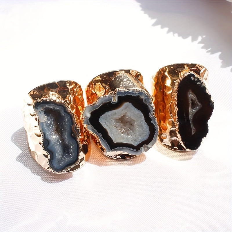 Women's Natural Onyx Geode Adjustable Ring with Copper Frame and Agate Crystal