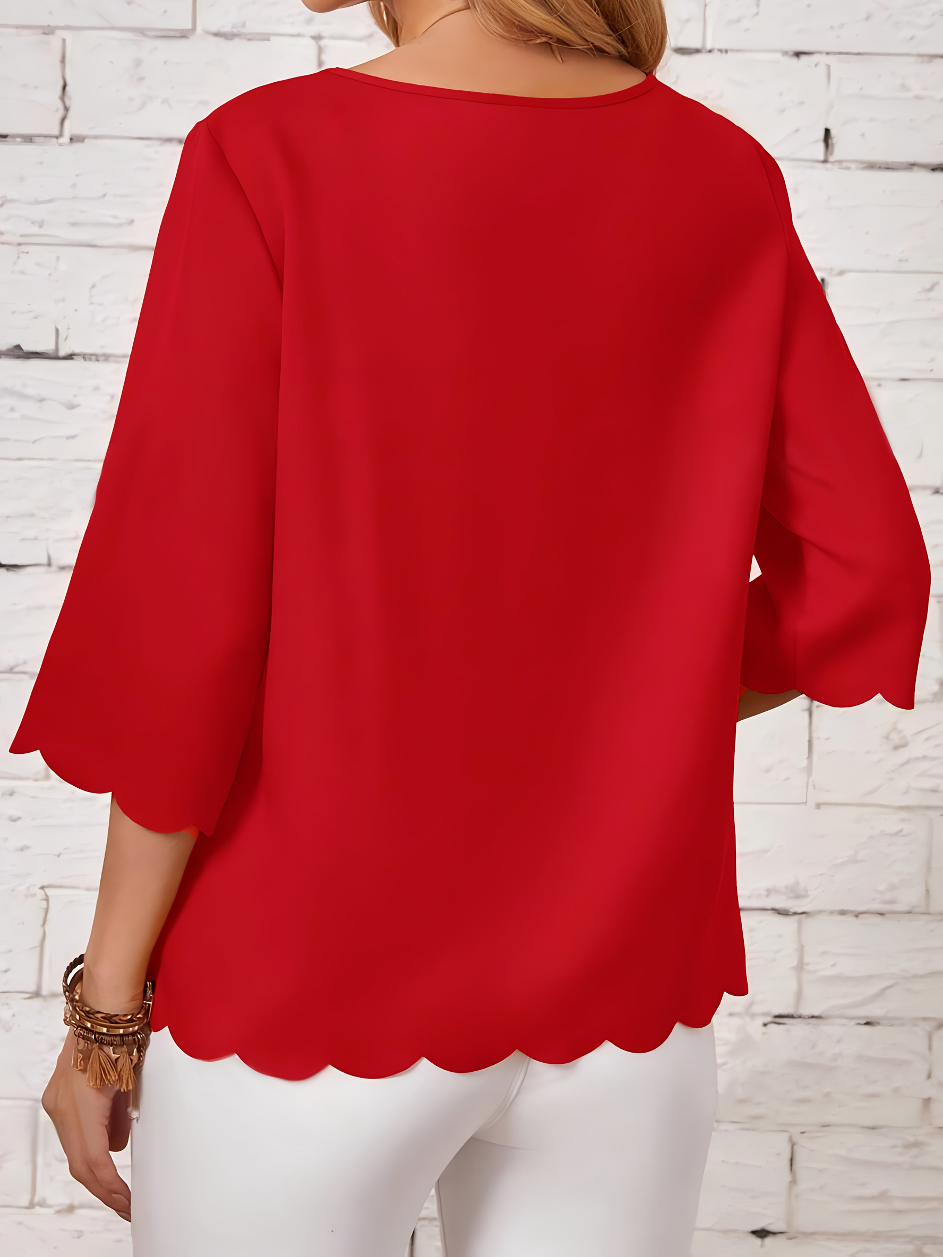 Women's Green Ruffled Hem Blouse Stretchy Round Neck Casual Formal Wear