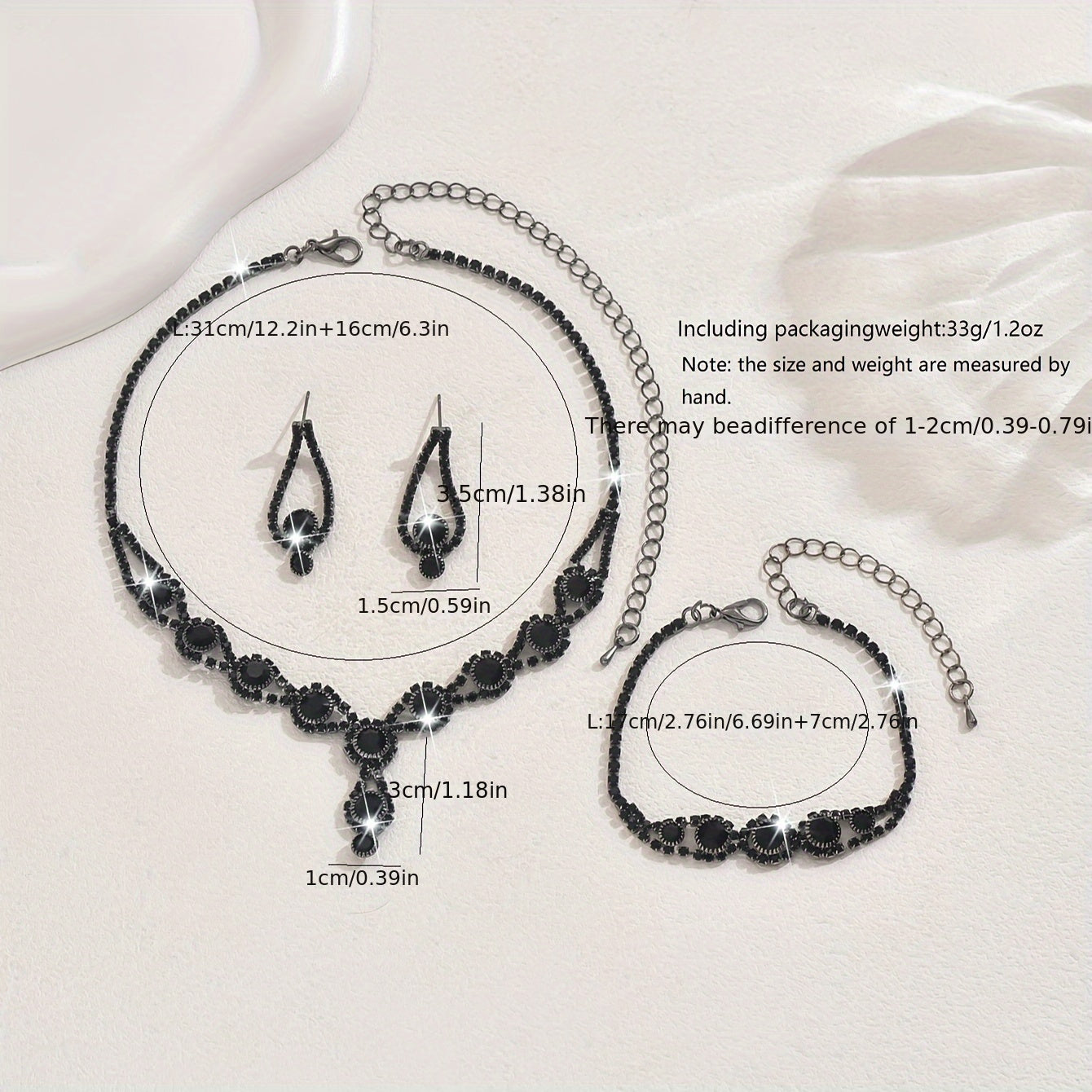 Silver Plated Copper Jewelry Set with Blue and Black Rhinestones Necklace Earrings Bracelet for Parties Weddings