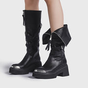 Women's Leather Riding Boots with Zipper and Metal Tips