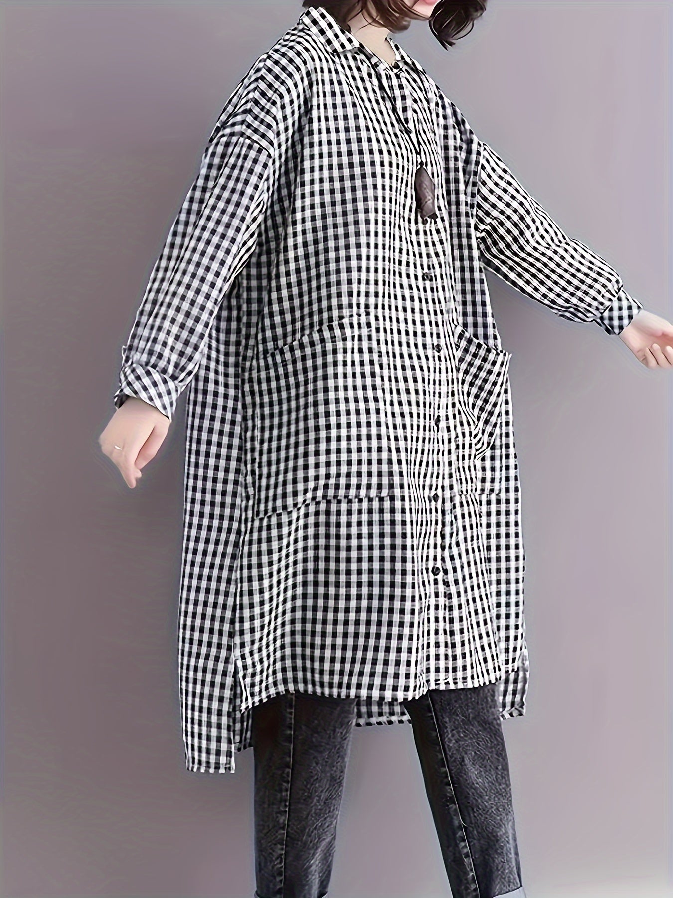 Женская рубашка большого размера с длинными рукавами, в клетку, с карманами и лацканом