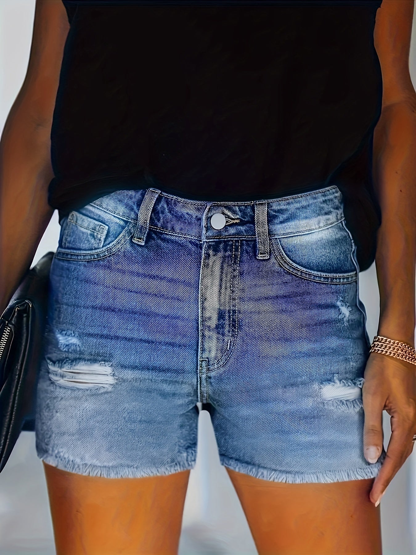 Plus Size Woman Denim Shorts Ripped Distressed Zipper Mid-Length Spring Summer