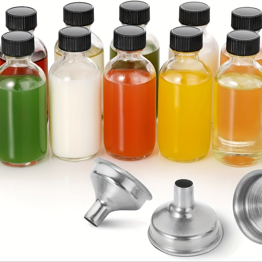 12 Mini 2oz Clear Glass Bottles with Lids and Stainless Steel Funnels for Juice Wellness Shots and Liquor
