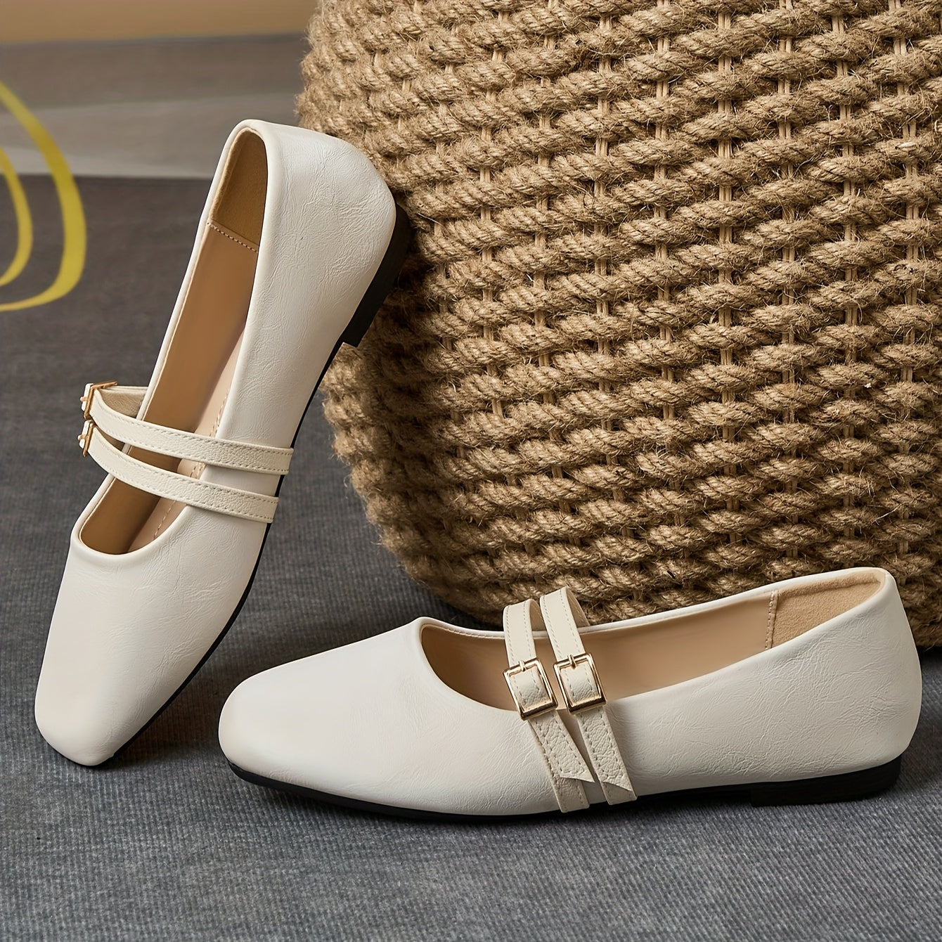 Women's White Slip-On Square Toe Flats with Metallic Buckle