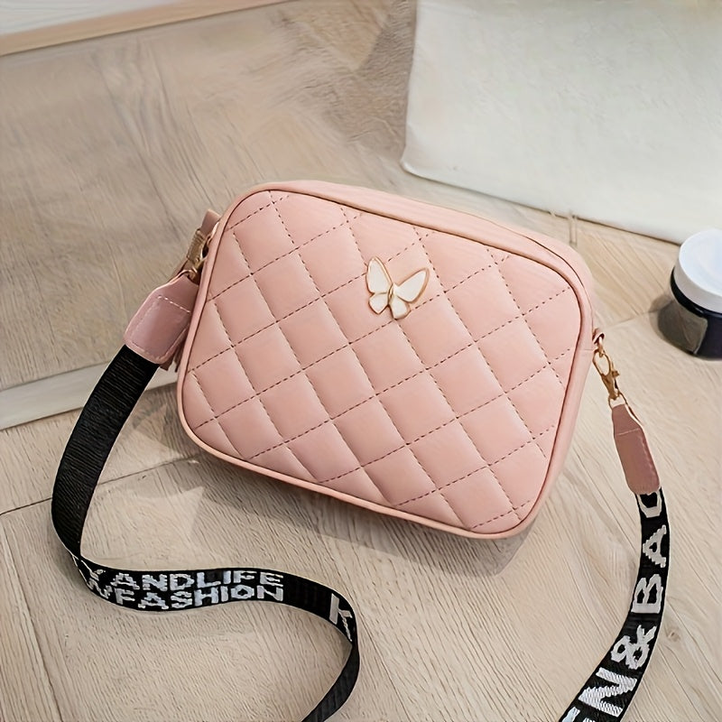 Girls Crossbody Bag PVC Diamond Lattice Adjustable Zipper Casual Fashion