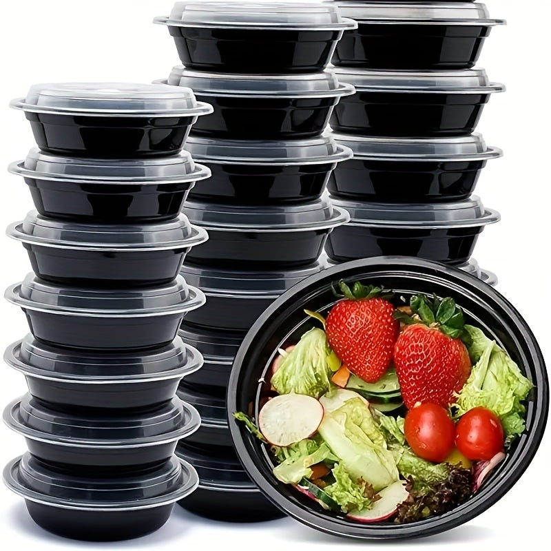 30-50 Black Plastic Food Storage Bowls with Lids, Leakproof, Microwave Safe