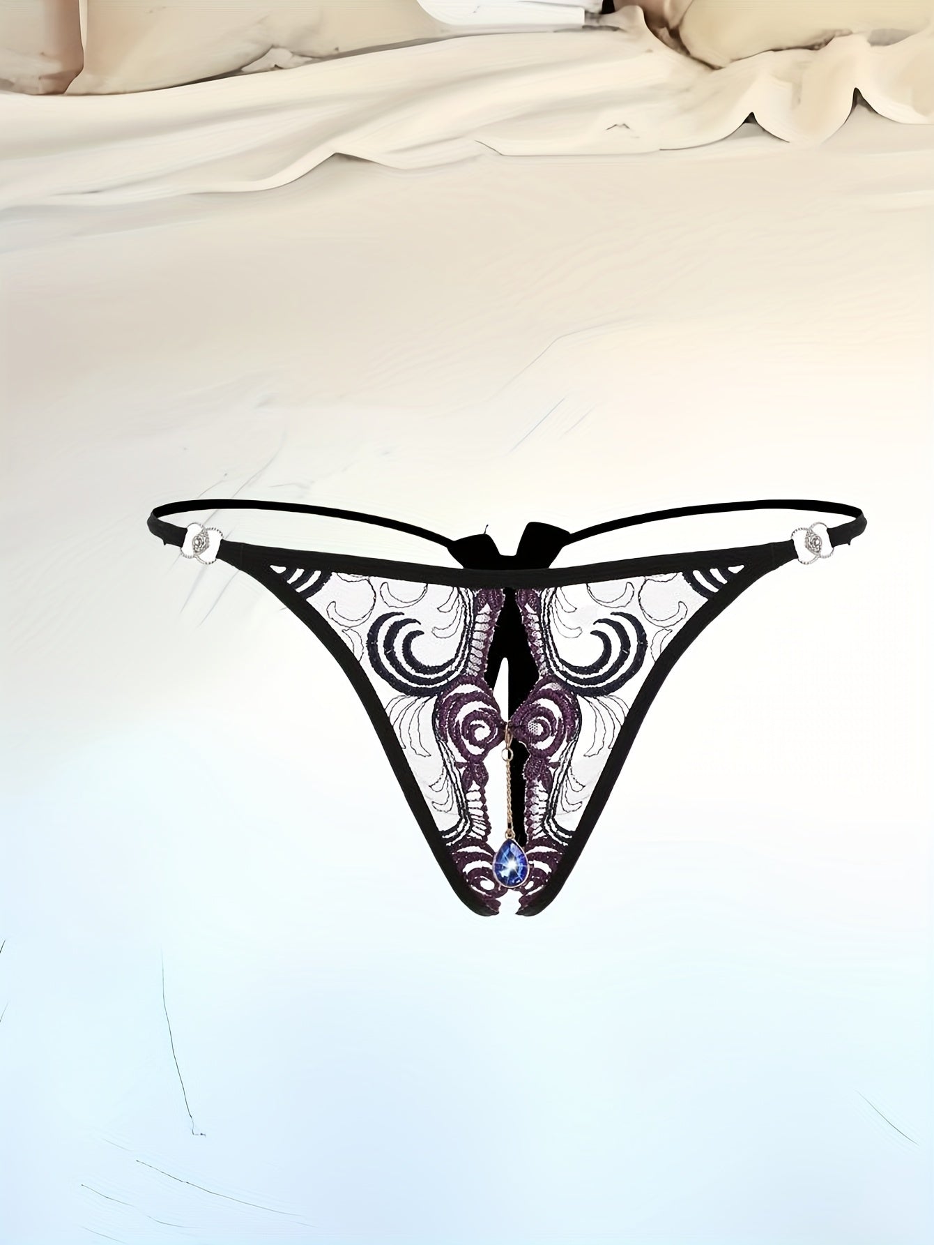 Women's Low-Waist Lingerie T-Pants with Transparent Fabric Embroidery and Rhinestones