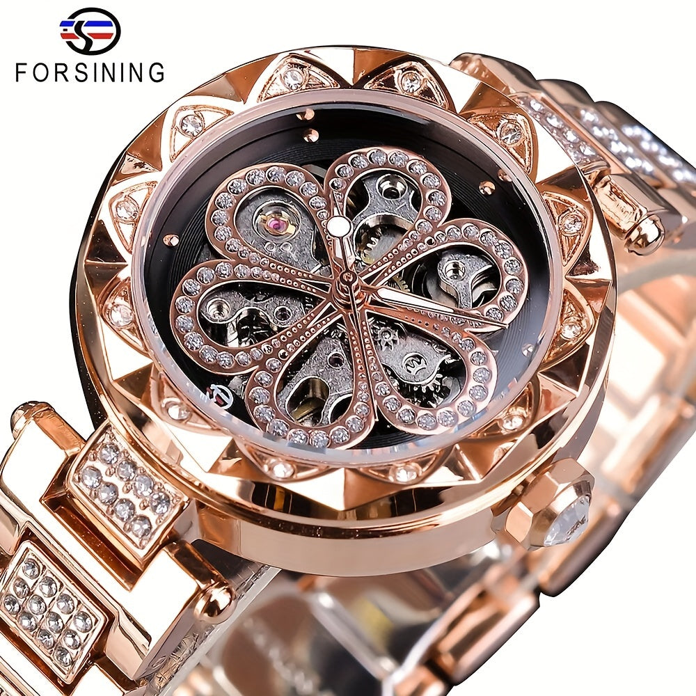 Women's Mechanical Watch Rhinestone Flower Skeleton Stainless Steel Wristband