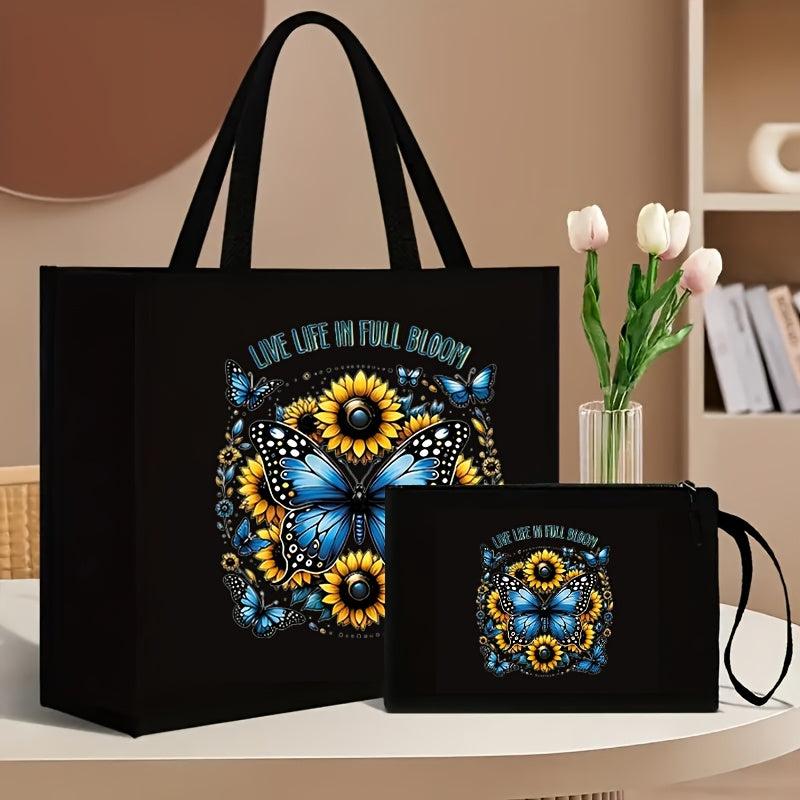 2-Piece Canvas Tote Bag and Wallet Set with Butterfly Floral Print Black