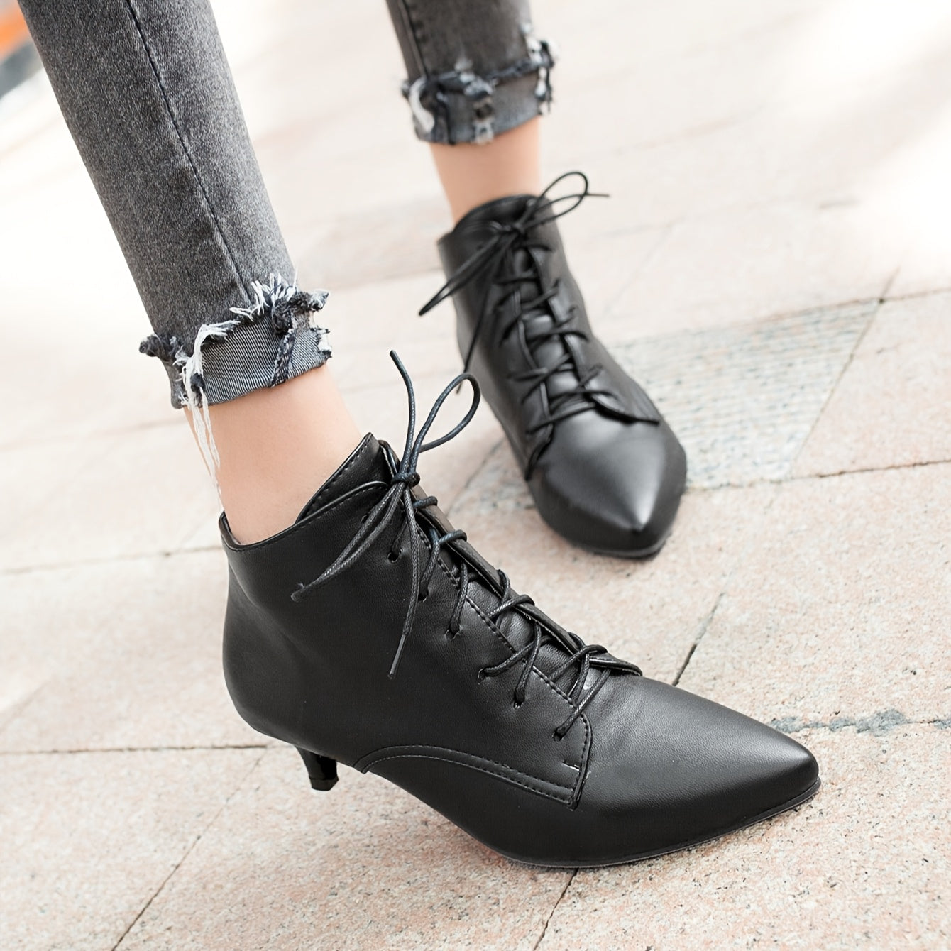 Women's White Pointed Toe Mid-Heel Ankle Boots Lace-Up Faux Cover Rubber Sole