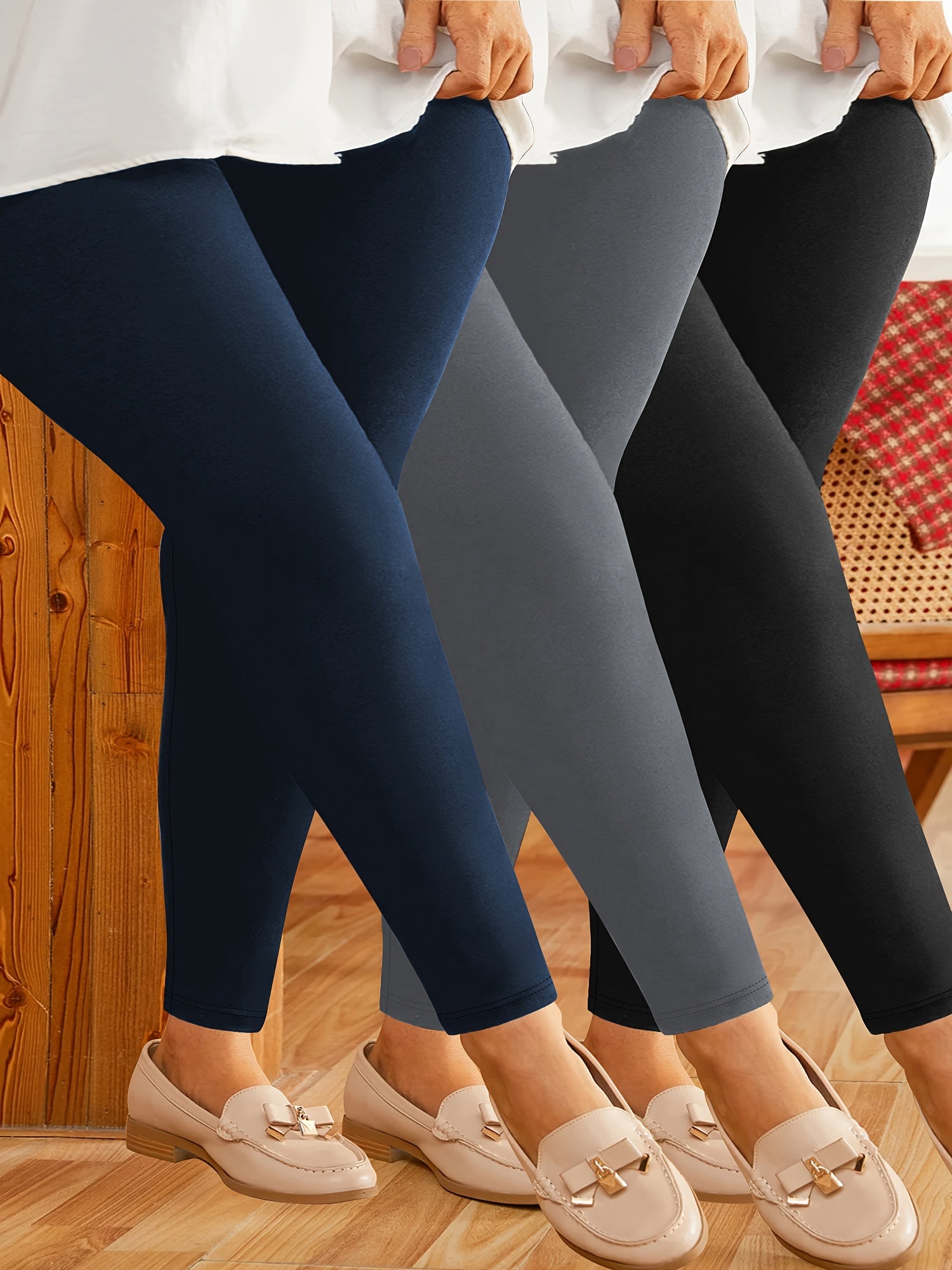 Plus Size Cropped Leggings Women High Stretch Polyester Solid Breathable 3-Pack