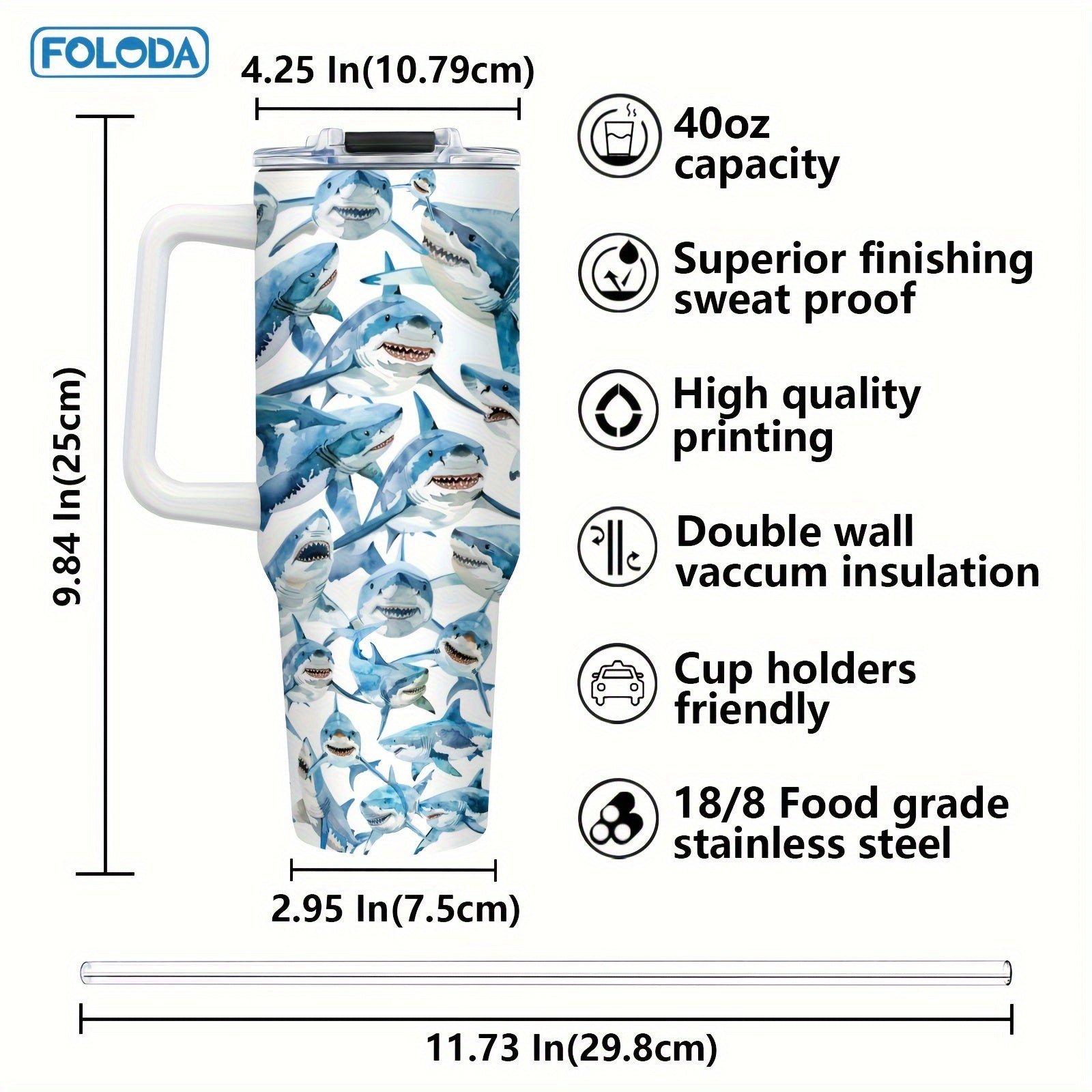 40oz Insulated Stainless Steel Tumbler with Handle Blue Shark Design for Outdoor Use