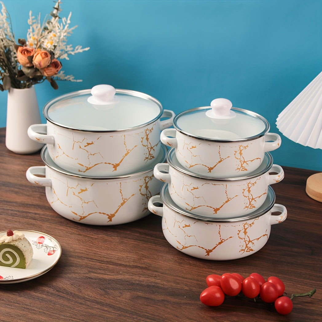 Juego de utensilios de esmalte de 5 piezas, ollas y sartenes duraderas para cocinas de gas, inducción y llama abierta