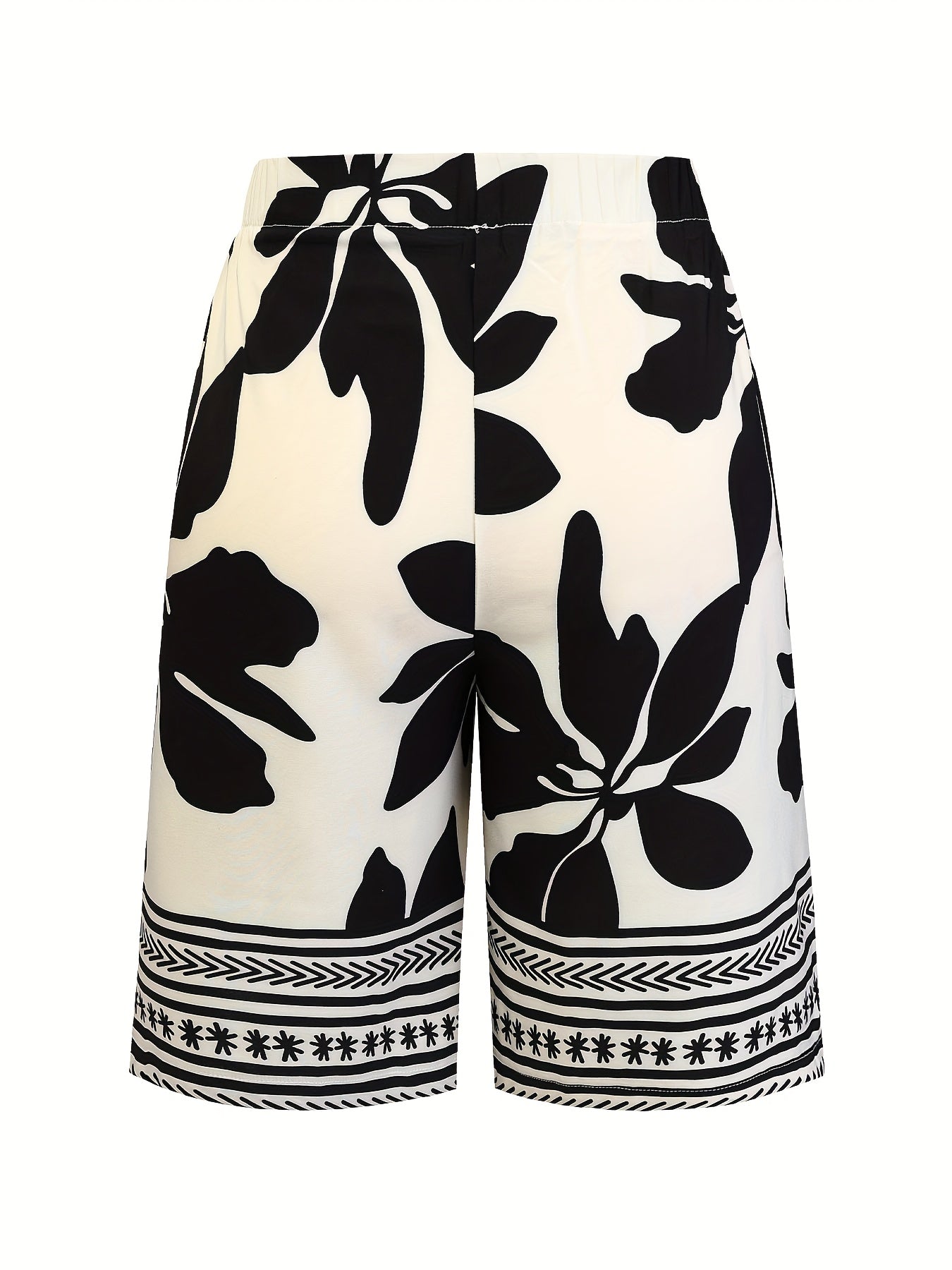 Women's Plus Size Floral Bermuda Shorts Casual Summer Beachwear Black White Leaf