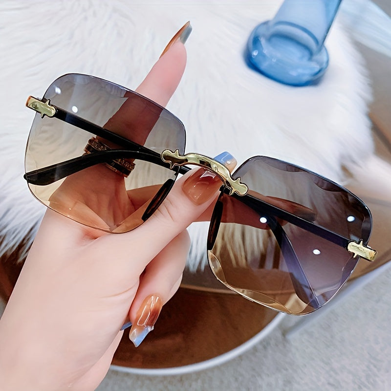 Women's Rimless Square Fashion Glasses Gradient Lens Golden Frame Lightweight Plastic Vintage Style for Beach Party Travel