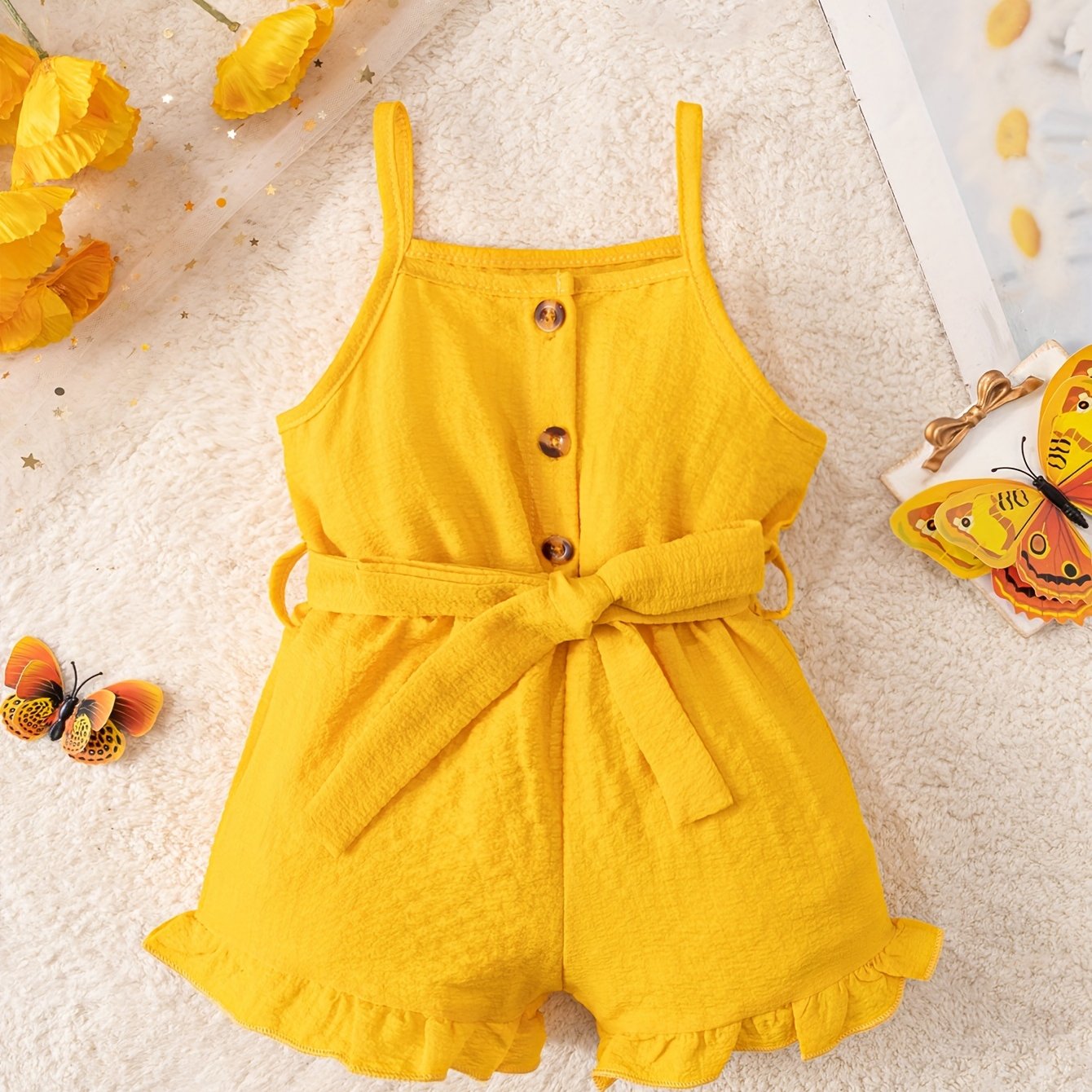 Baby Girl Bubble Romper Straps Solid Color All-Season with Belt for Toddler Learning to Walk