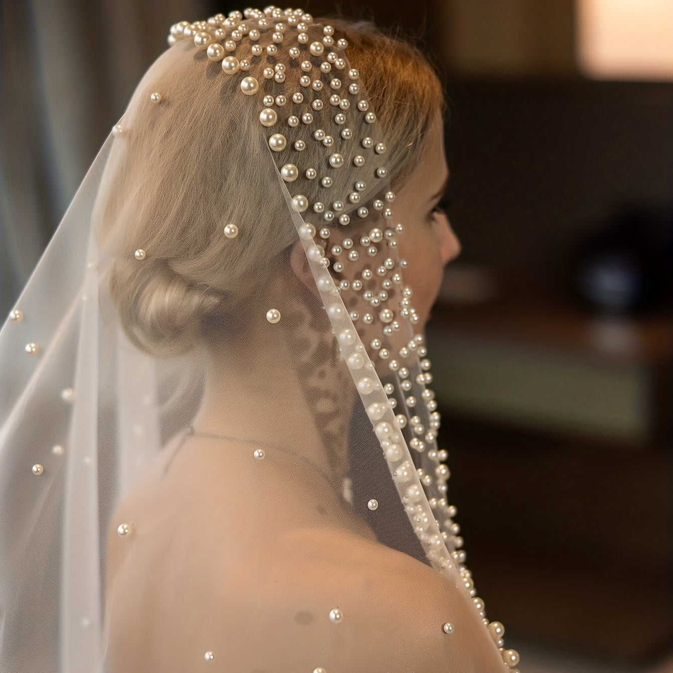 Princess Cathedral Wedding Veil with Faux Pearl Bridal Head Jewelry