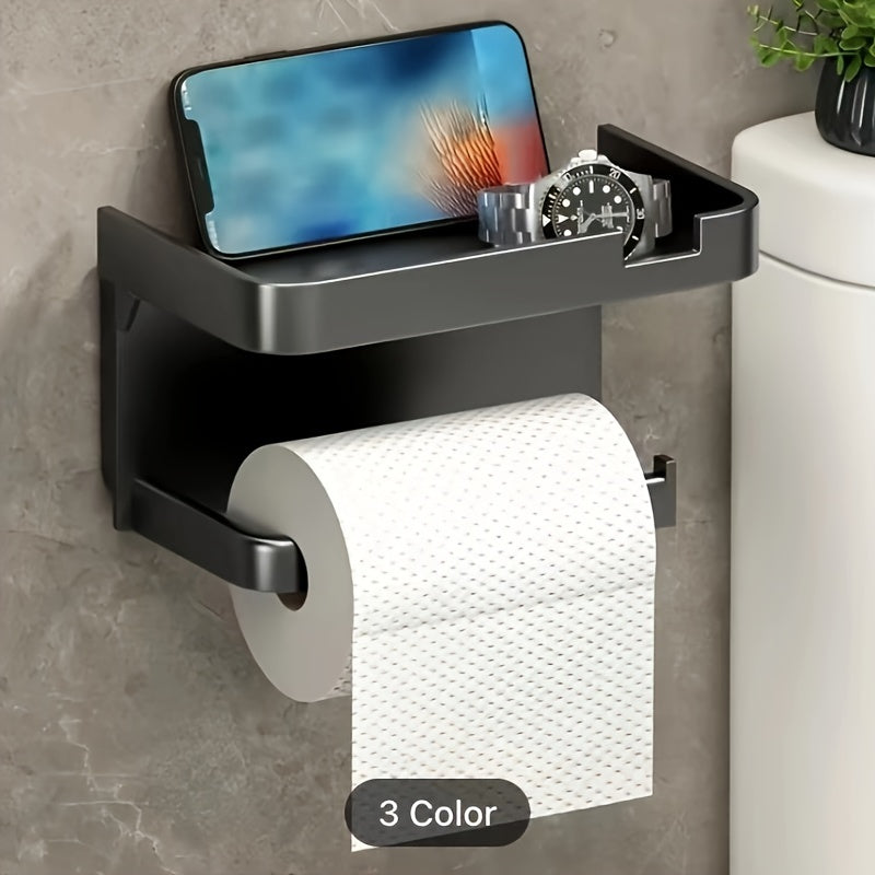 Wall-Mounted Toilet Paper Holder with Phone Stand Self-Adhesive Bathroom Organizer Polished Finish