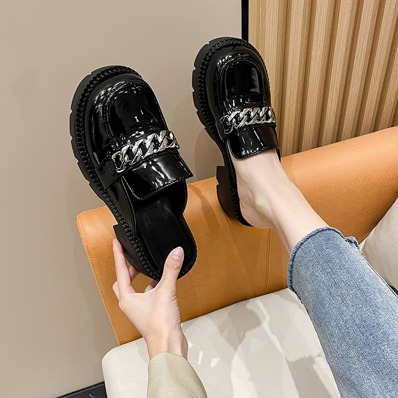 Women's White Synthetic Chunky Platform Mules with Gold Buckles