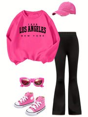 Conjunto de sudadera de manga larga y pantalones acampanados de otoño para niñas con patrón de letras, punto de poliéster, ropa casual para exteriores para niñas mayores de 3 años