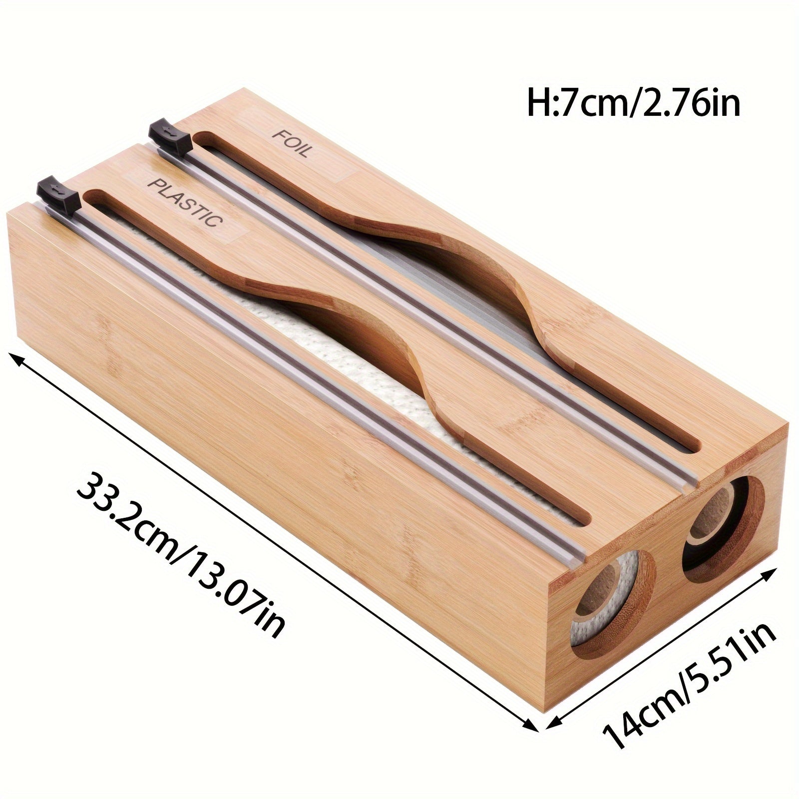 Bamboo Wrap Dispenser with Cutter for Kitchen Drawer Wall Organizer Plastic and Aluminum Foil Storage