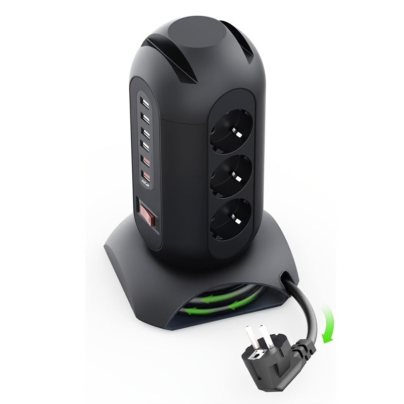 Regleta de corriente EU Tower con 9 tomas de corriente AC y 6 puertos USB, cable de 1.8 m, protección contra sobrecargas