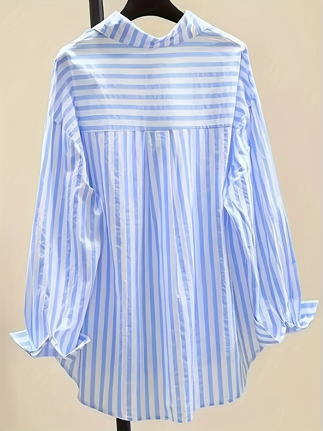 Women's Blue and White Striped Long Sleeve Button-Up Shirt with Collar