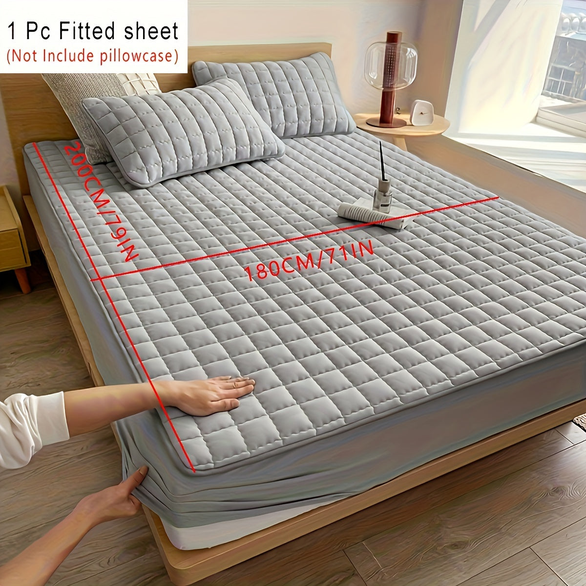 Light Gray Quilted Waterproof Fitted Sheet Breathable Polyester Deep Pockets Easy Care