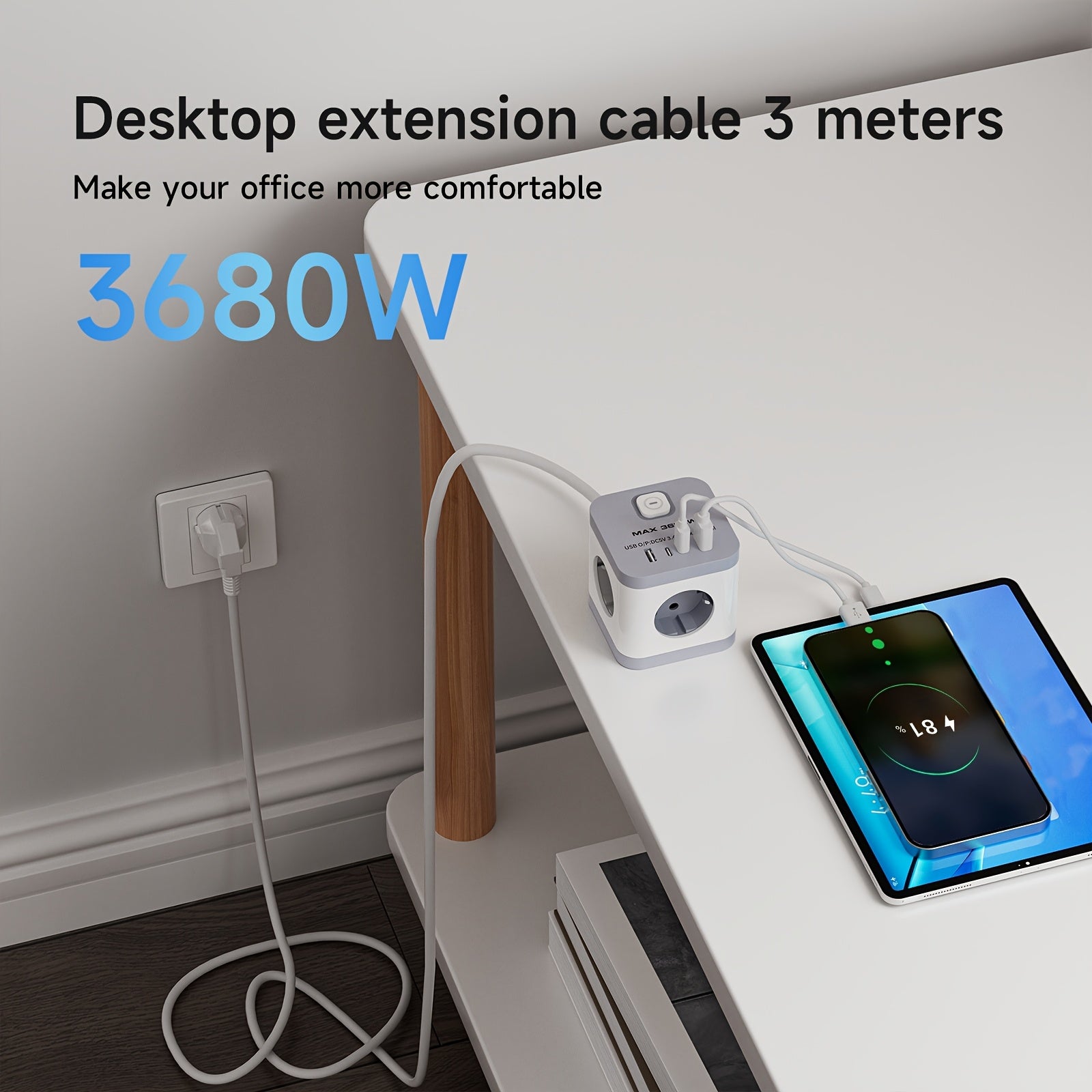 Power Strip with USB Port European Plug 220V 16A 3680W Travel Power Adapter