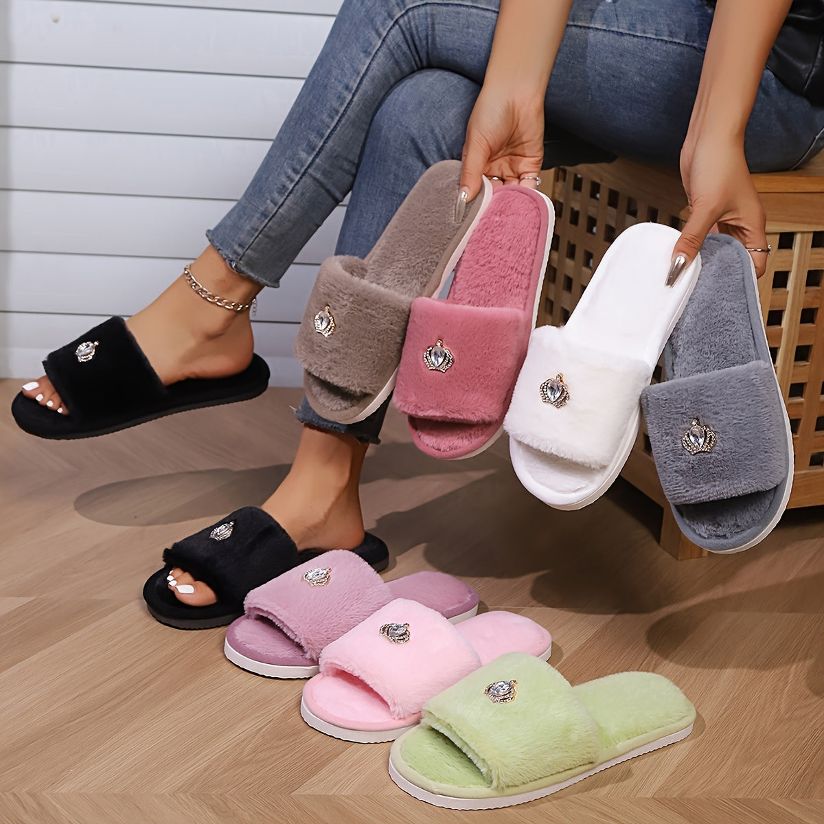Women's Sparkling Embellished Slip-On Slippers Soft Fabric Indoor House Shoes