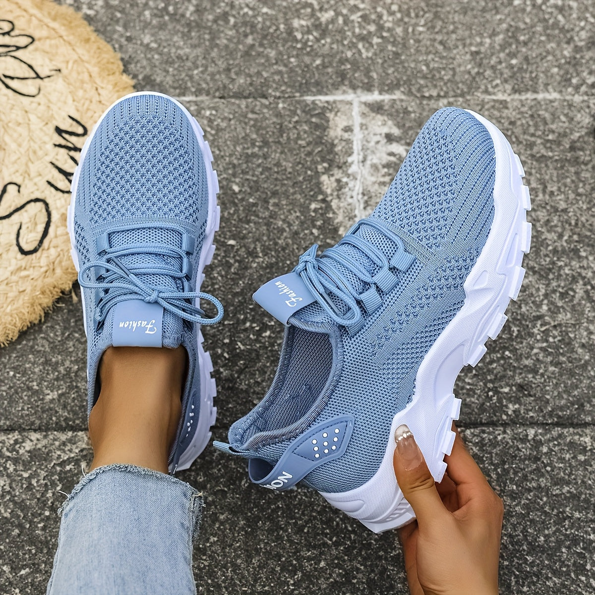 Women’s Light Blue and White Knit Sneakers - Breathable Mesh, Cushioned EVA, Slip-On Low-Top