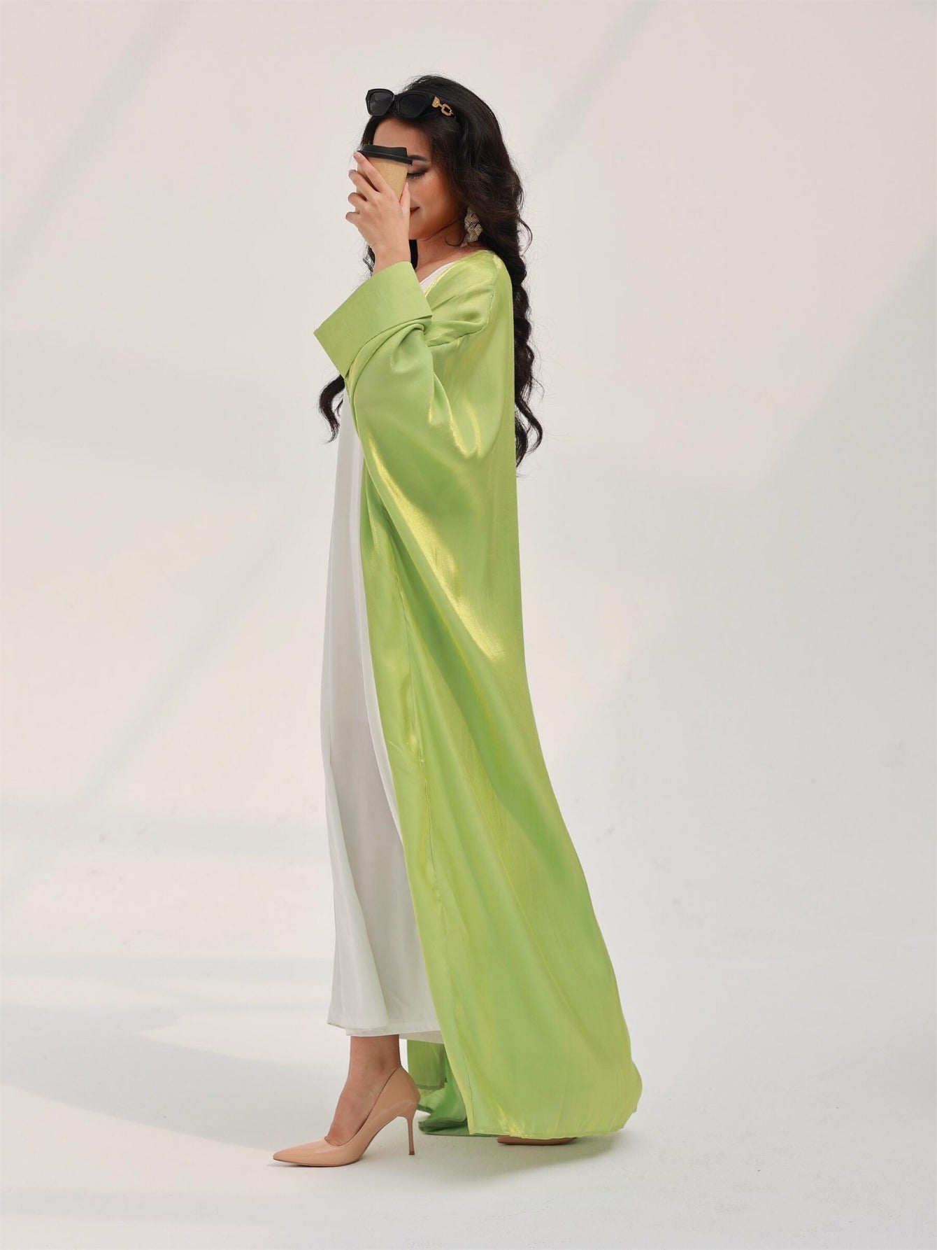 Plus Size Turkish Kaftan Dress Satin Finish Long Sleeve Pink Ankle-Length