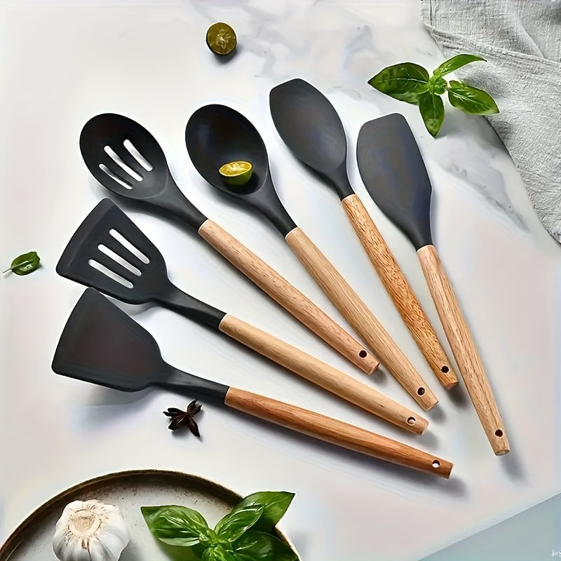 Wooden Handle Silicone Kitchen Utensil Set 6 or 12 Pieces Non-Stick Spatula Ladle Whisk