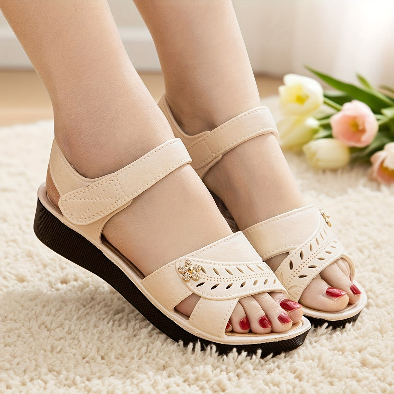 Women's Slip-On Cushioned Sandals Beige White Low Heel Platform Shoes